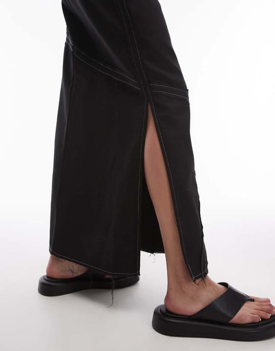 Topshop twill raw edge topstitch midi skirt in mono - Image 4