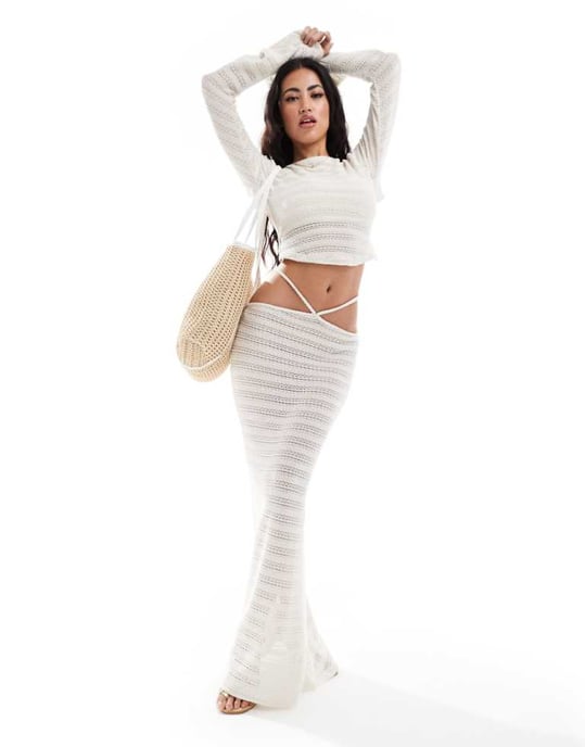 ASOS DESIGN co-ord linear textured midi skirt with waist tie in ivory - Image 1