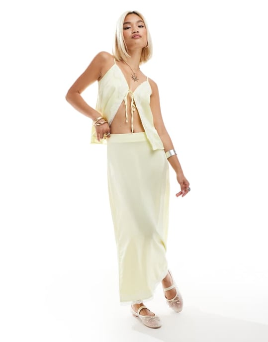ONLY low waist contrast lace trim maxi skirt co-ord in lemon - Image 1