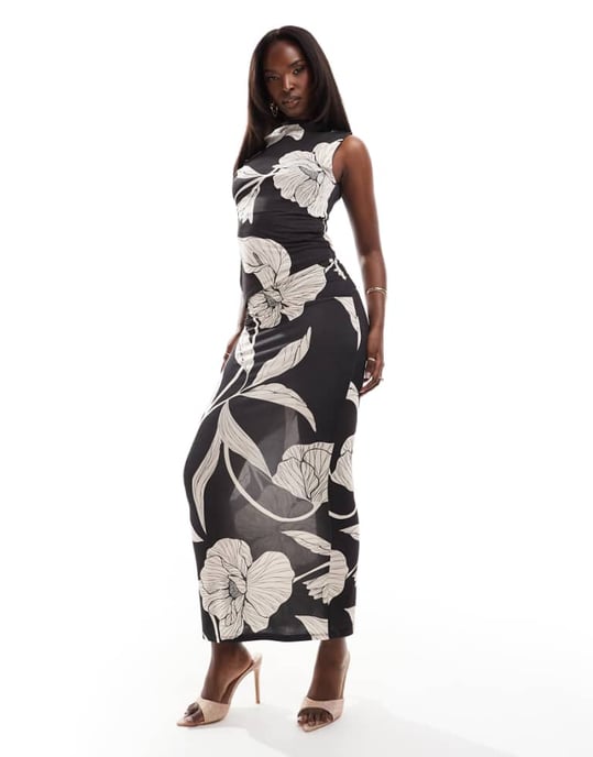 ASOS DESIGN co-ord slinky maxi skirt in oversized mono floral - Image 1