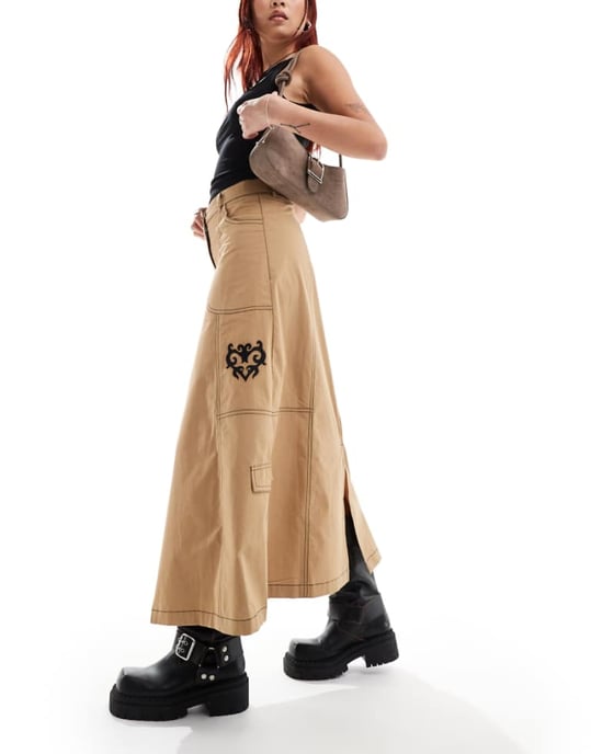 COLLUSION rip stop maxi skirt with contrast stitch and embroidery emblem in camel - Image 1