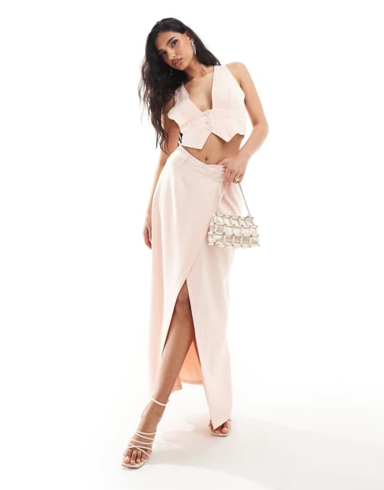 Kaiia exclusive crossed waist split front maxi skirt co-ord in baby pink - Image 1