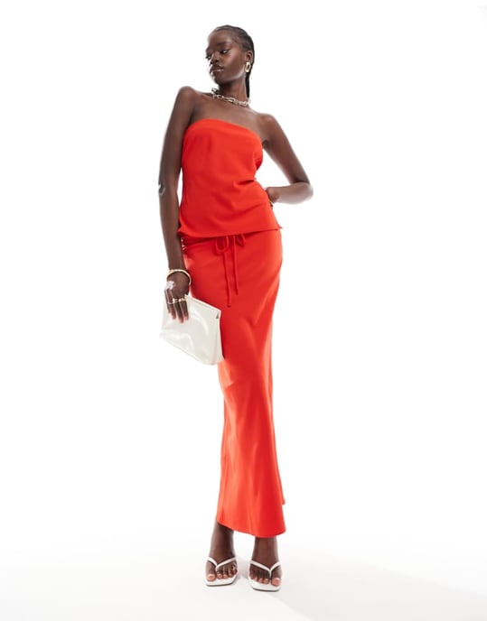 ASOS DESIGN tie waist maxi skirt co-ord in red - Image 1