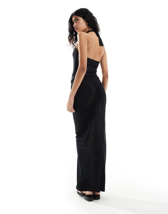 Selected Femme co-ord jersey maxi skirt with ruched waist and split in black - Image 3