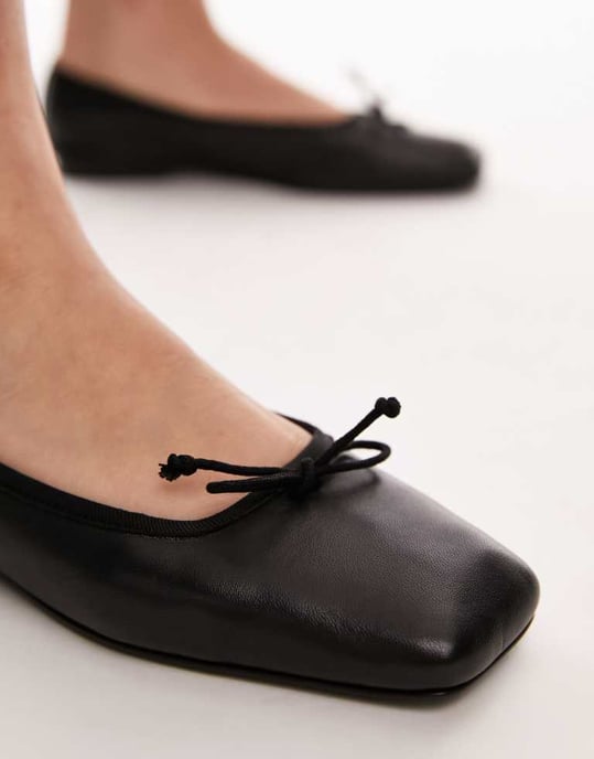 Topshop Bethany leather square toe unlined ballet flats in black - Image 4
