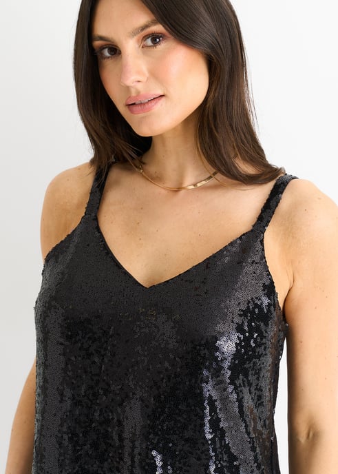 Black Sequin V Neck Cami Top - Image 2