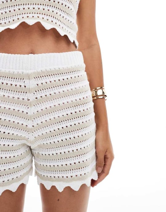 ASOS DESIGN crochet shorts in neutral stripe co-ord - Image 2