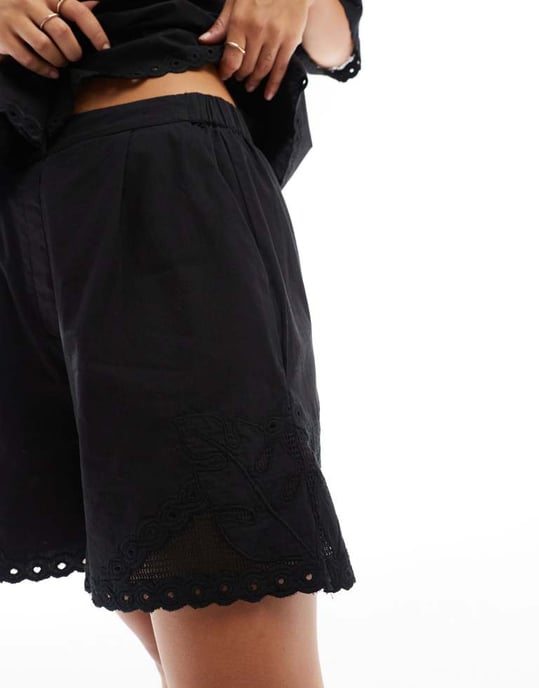 ASOS DESIGN premium short with cutwork detail co-ord in black - Image 4