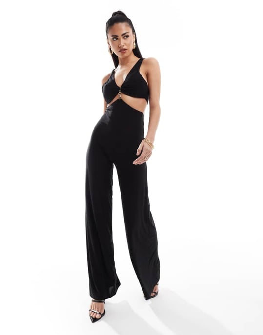 ASOS DESIGN trim detail halter cross back jumpsuit in black - Image 1