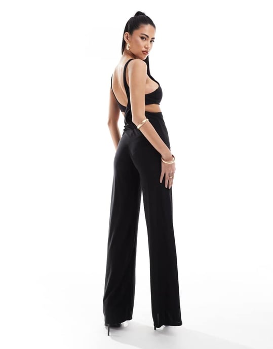 ASOS DESIGN trim detail halter cross back jumpsuit in black - Image 3