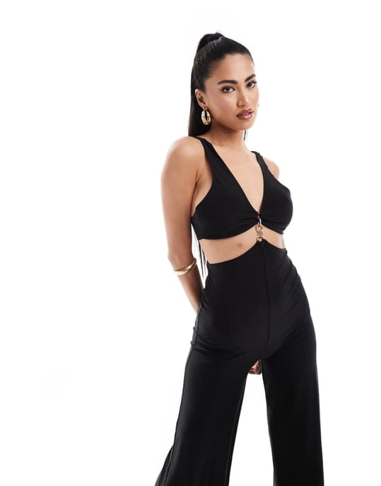 ASOS DESIGN trim detail halter cross back jumpsuit in black - Image 4