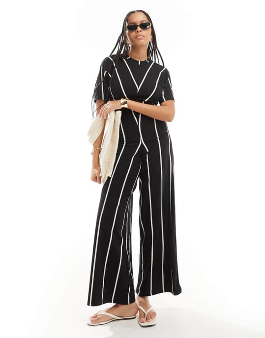 ASOS DESIGN ruched side jumpsuit with wide leg in stripe - Image 1