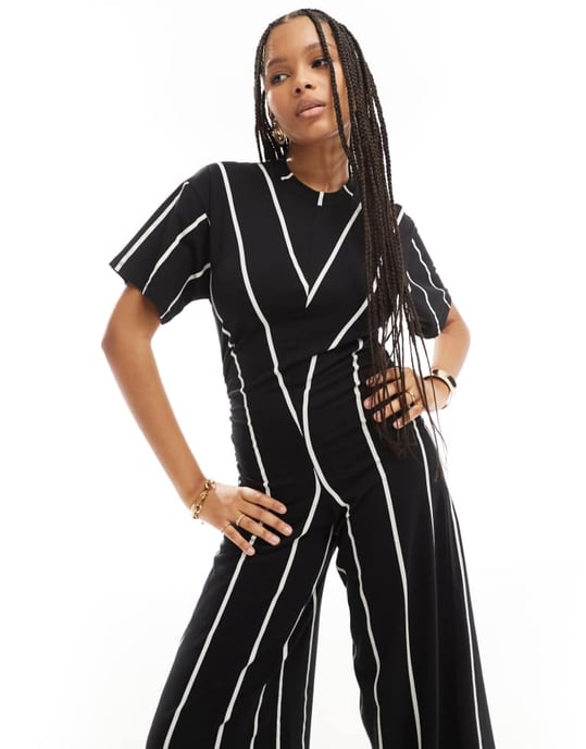 ASOS DESIGN ruched side jumpsuit with wide leg in stripe - Image 2