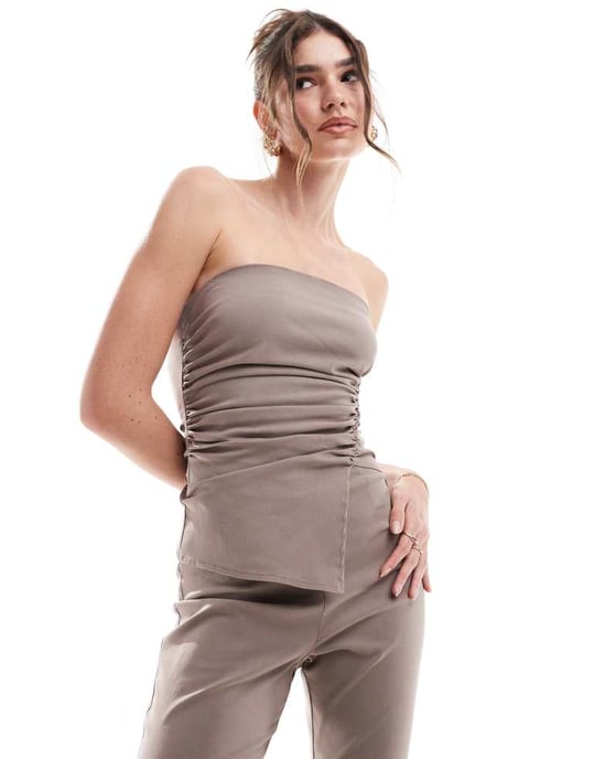 ASOS DESIGN ruched bodice bandeau tailored jumpsuit in mocha - Image 3