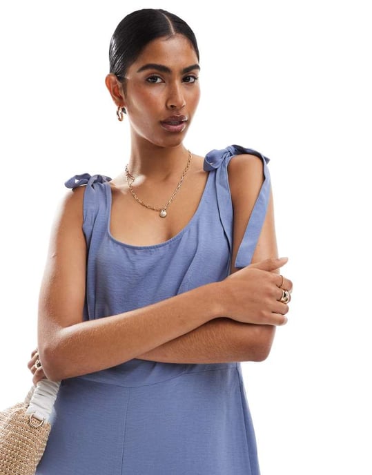 ASOS DESIGN cupro scoop neck wide leg jumpsuit with tie details in icy blue - Image 2
