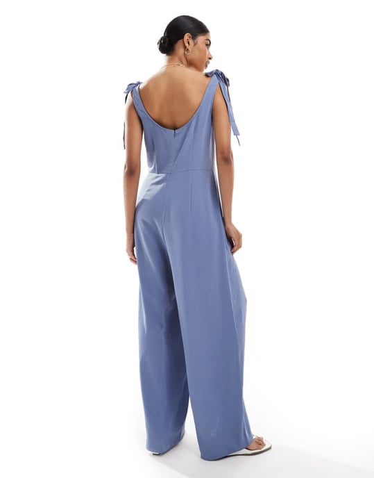 ASOS DESIGN cupro scoop neck wide leg jumpsuit with tie details in icy blue - Image 3