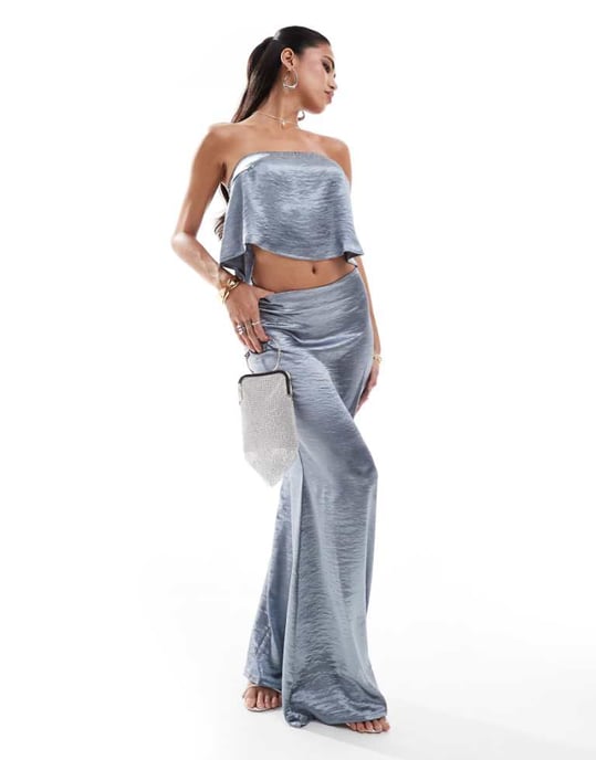 In The Style x Perrie Sian exclusive satin floaty bandeau top co-ord in blue - Image 1