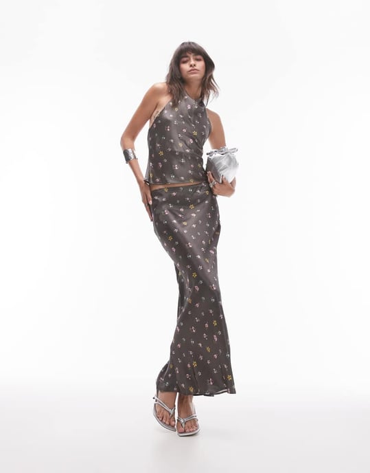 Topshop co-ord satin halter top in vintage blurred floral in washed black - Image 4