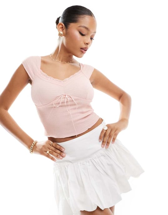 Vero Moda textured jersey top with lace detail in soft pink - Image 1