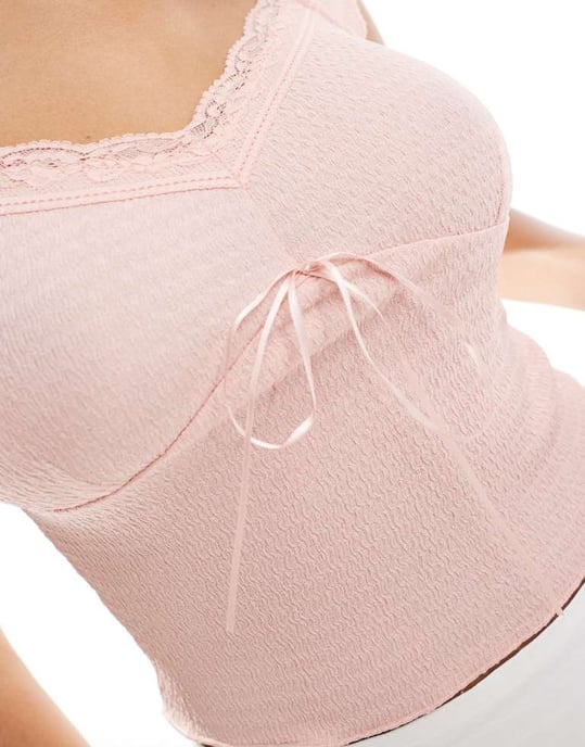 Vero Moda textured jersey top with lace detail in soft pink - Image 2