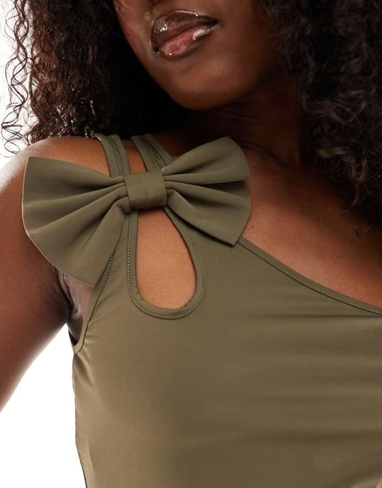 Labelrail x Sumbo Owoyele one shoulder bow detail stretch top in khaki - Image 4