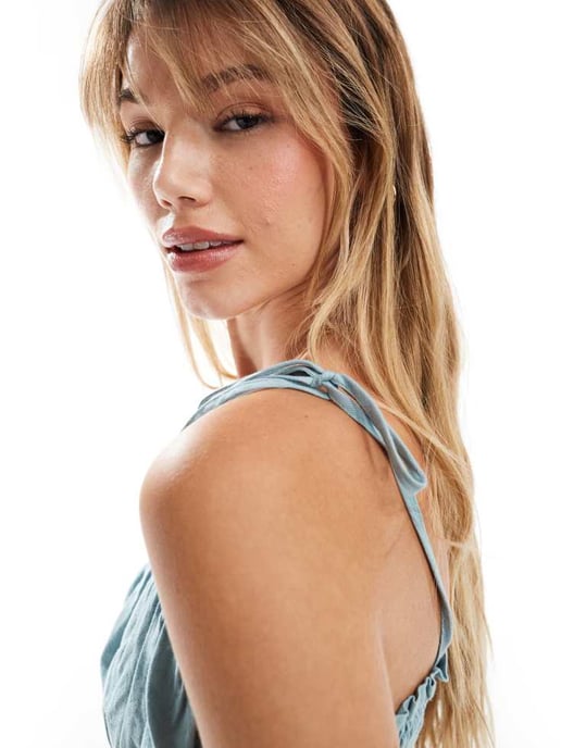 ASOS DESIGN crop top with ruffle and tie detail in blue co-ord - Image 3