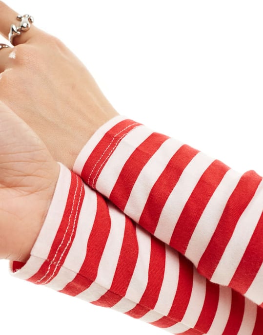 Motel stripe scoop neck long sleeve co-ord top in red - Image 4