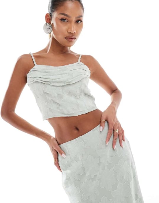 In The Style x Perrie Sian draped cami top co-ord in sage jacquard - Image 1