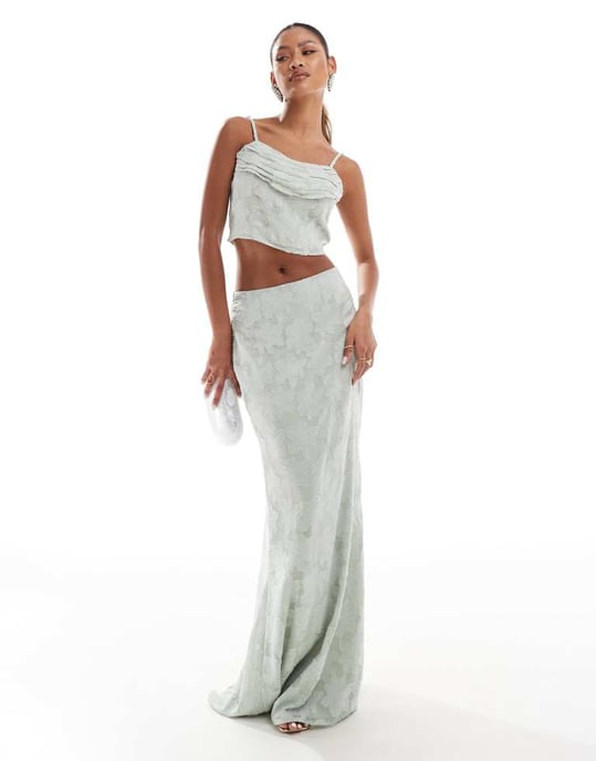 In The Style x Perrie Sian draped cami top co-ord in sage jacquard - Image 2