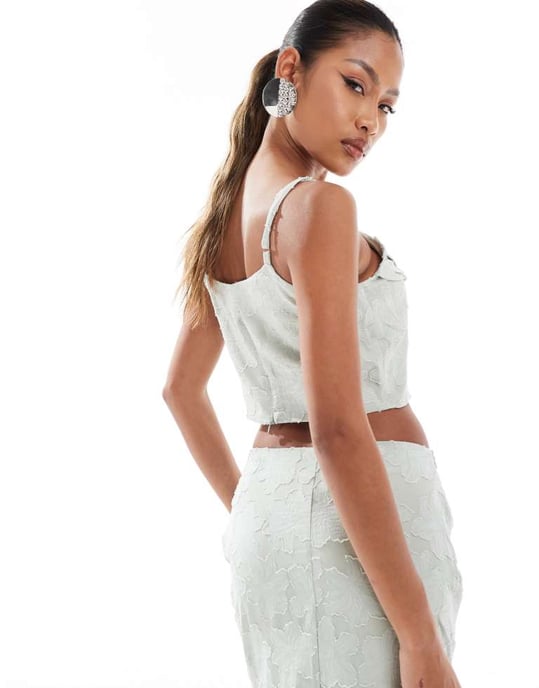 In The Style x Perrie Sian draped cami top co-ord in sage jacquard - Image 3