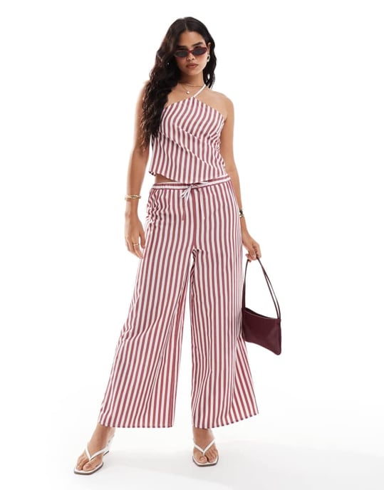 ASOS DESIGN asymmetric hanky halterneck top co-ord in burgandy stripe - Image 4