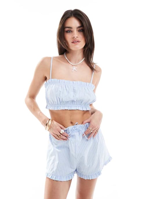 Miss Selfridge poplin cami top co-ord in blue stripe - Image 1