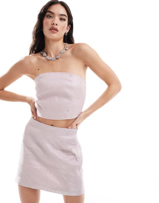 Pieces concert glitter bandeau top co-ord in pink - Image 1