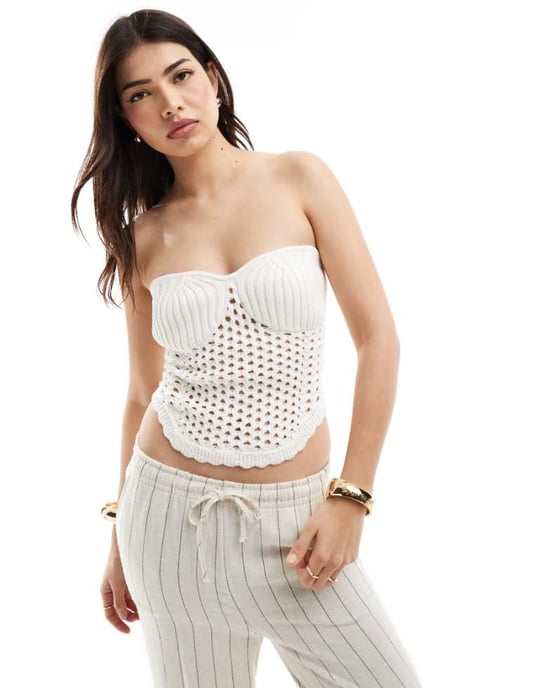 ASOS DESIGN knitted bandeau crochet top in cream - Image 1