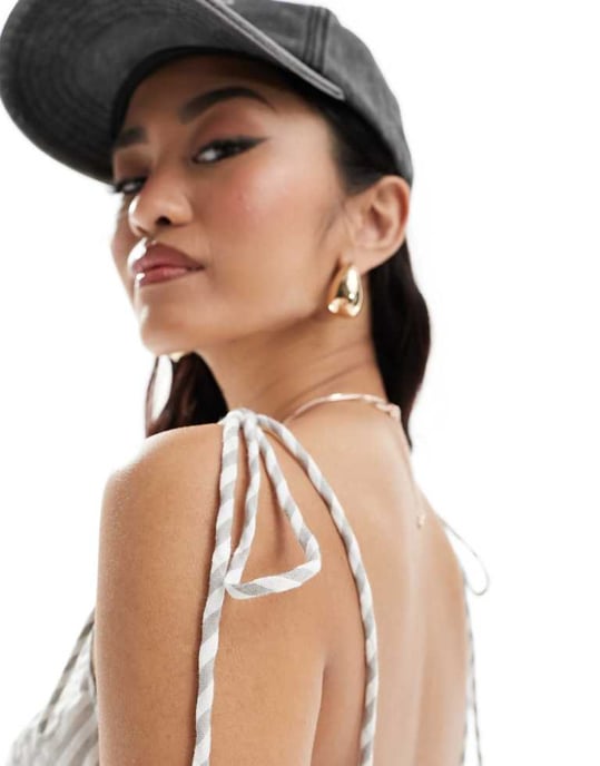 ASOS DESIGN crop top with tie detail in grey stripe co-ord - Image 3