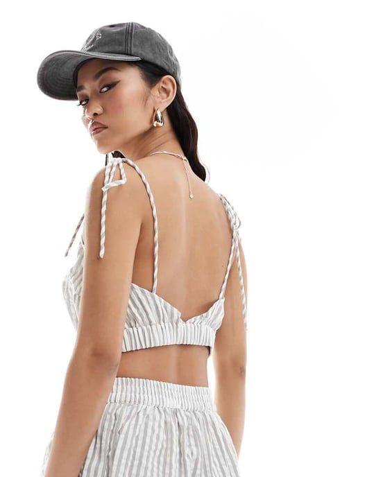 ASOS DESIGN crop top with tie detail in grey stripe co-ord - Image 4