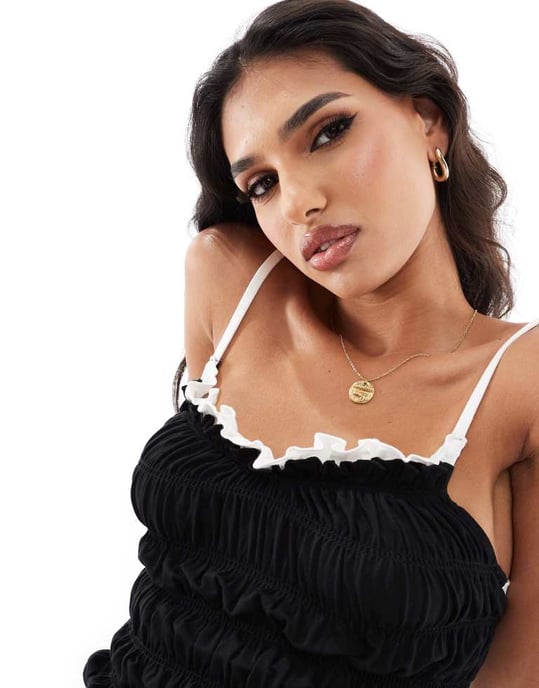 ASOS DESIGN shirred cami top with contrast in black - Image 2