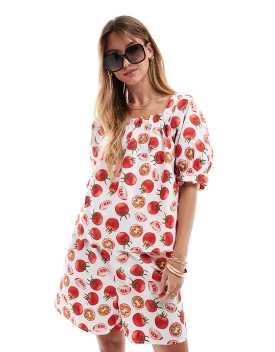 Pieces blouson top co-ord in tomato girl print - Image 2