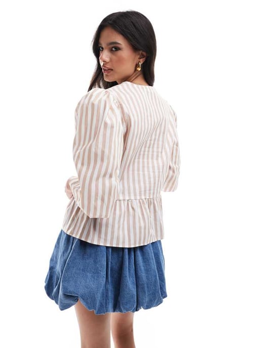 ASOS DESIGN cotton poplin peplum tie shirt top in natural stripe - Image 4