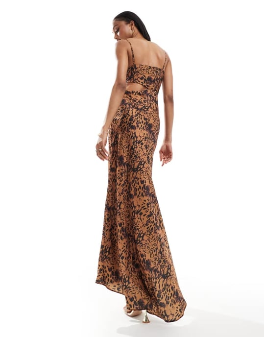 ASOS DESIGN Tall satin cowl midaxi dress with cut out waist and graduated hem in leopard print - Image 4