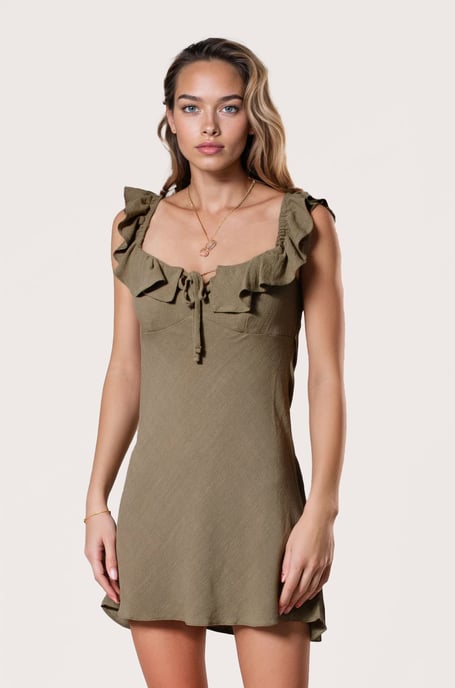 Linen Effect Short Ruffle Neck Dress - Image 2