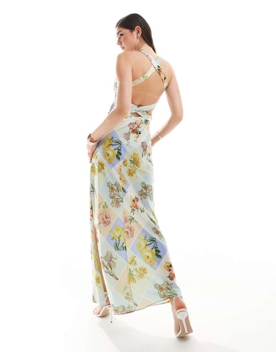 ASOS DESIGN satin wide neck cross back strap maxi dress in postcard print - Image 1