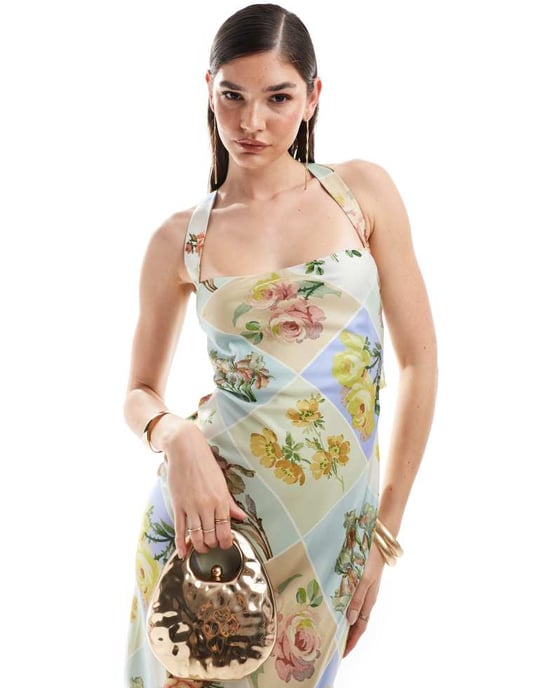 ASOS DESIGN satin wide neck cross back strap maxi dress in postcard print - Image 2