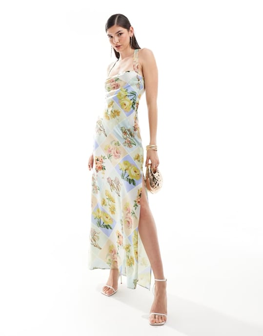 ASOS DESIGN satin wide neck cross back strap maxi dress in postcard print - Image 3