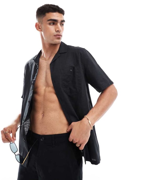ASOS DESIGN relaxed linen blend shirt with revere collar in black - Image 1