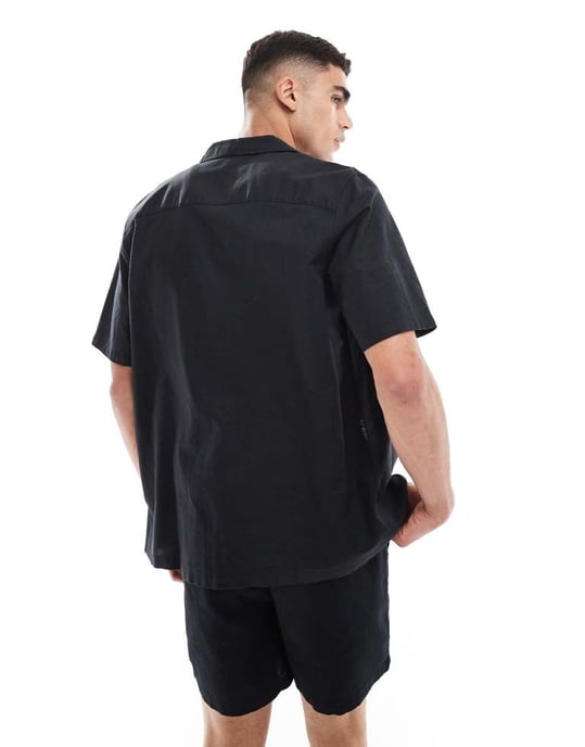 ASOS DESIGN relaxed linen blend shirt with revere collar in black - Image 2