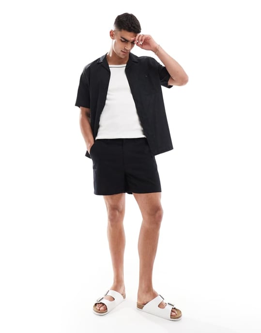 ASOS DESIGN relaxed linen blend shirt with revere collar in black - Image 3
