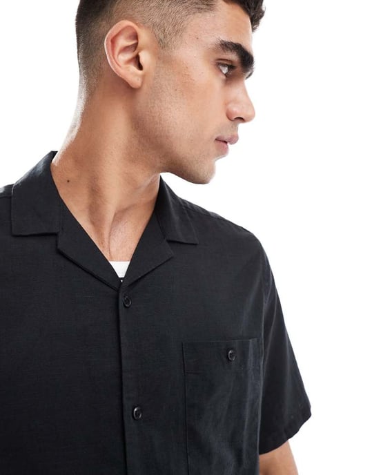 ASOS DESIGN relaxed linen blend shirt with revere collar in black - Image 4