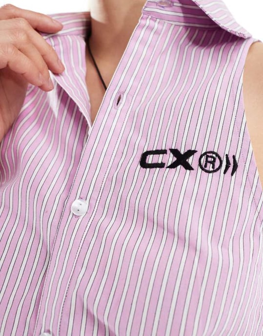 COLLUSION halter crop shirt co ord with bow detail in pink stripe - Image 3