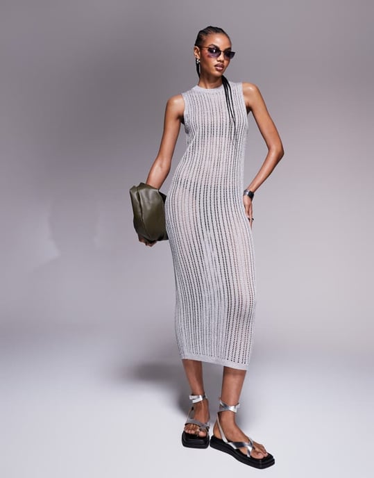 ASOS DESIGN knitted column midaxi dress in metallic yarn in silver - Image 2